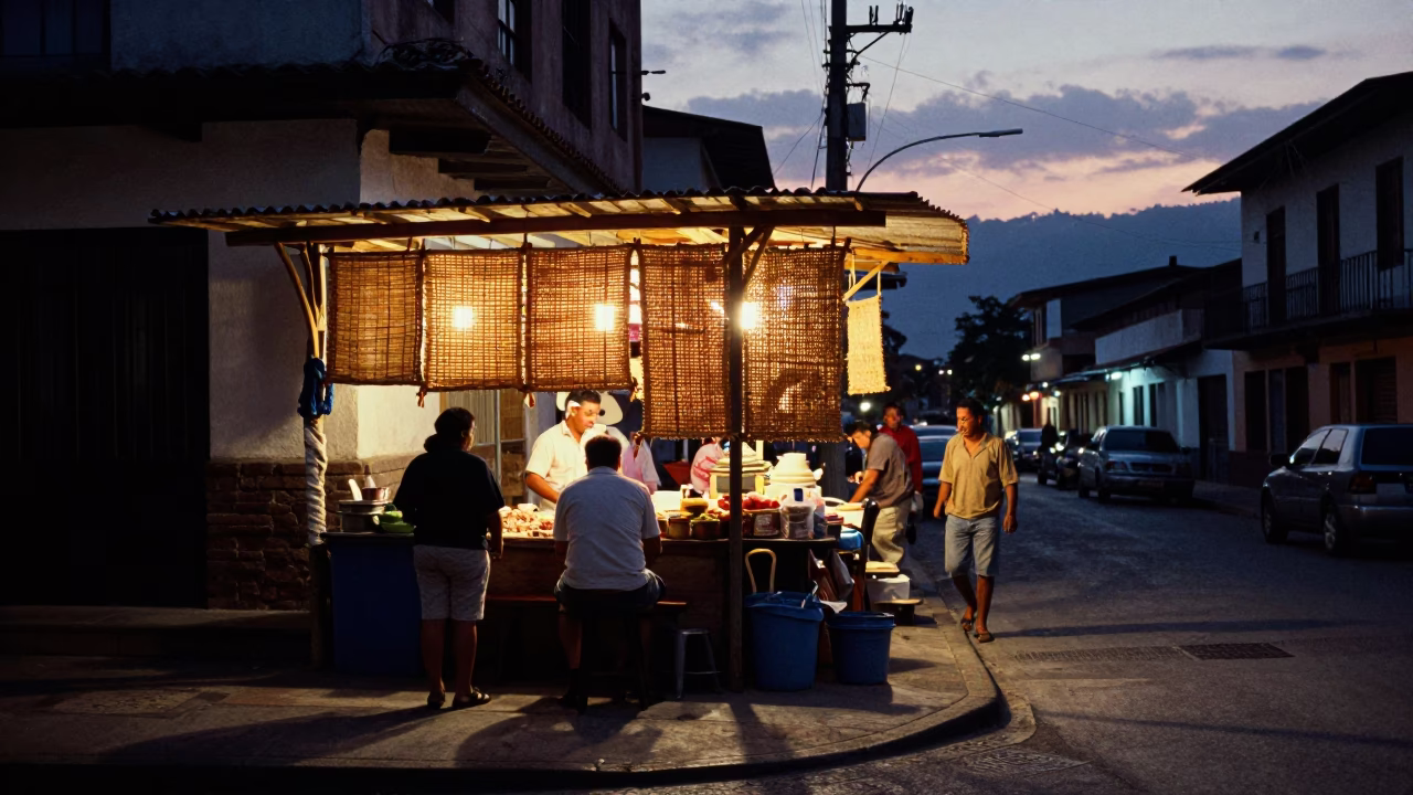 Twilight street scene in Medellin with woven cane light and blanket in in Medellin, Colombia