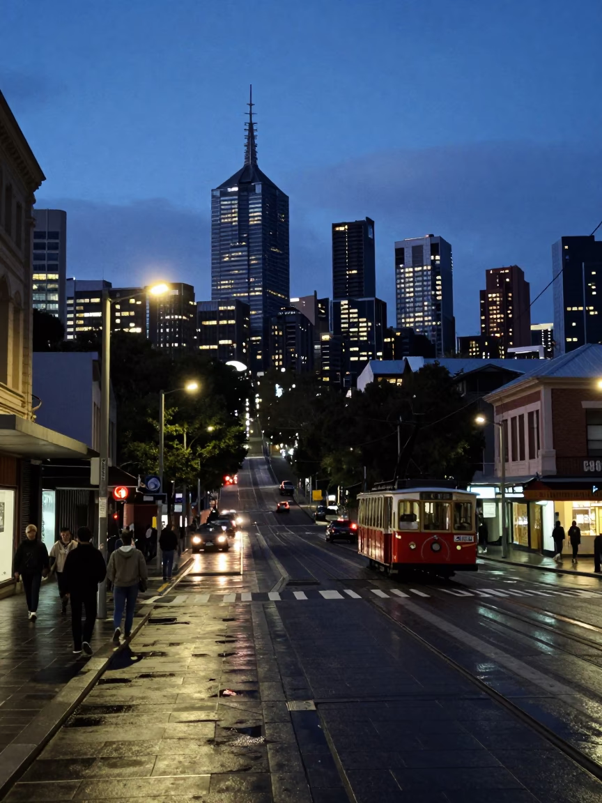 Twilight Street Scene in Melbourne Victoria Australia with Funicular and Urban Details in in Melbourne, Victoria, Australia