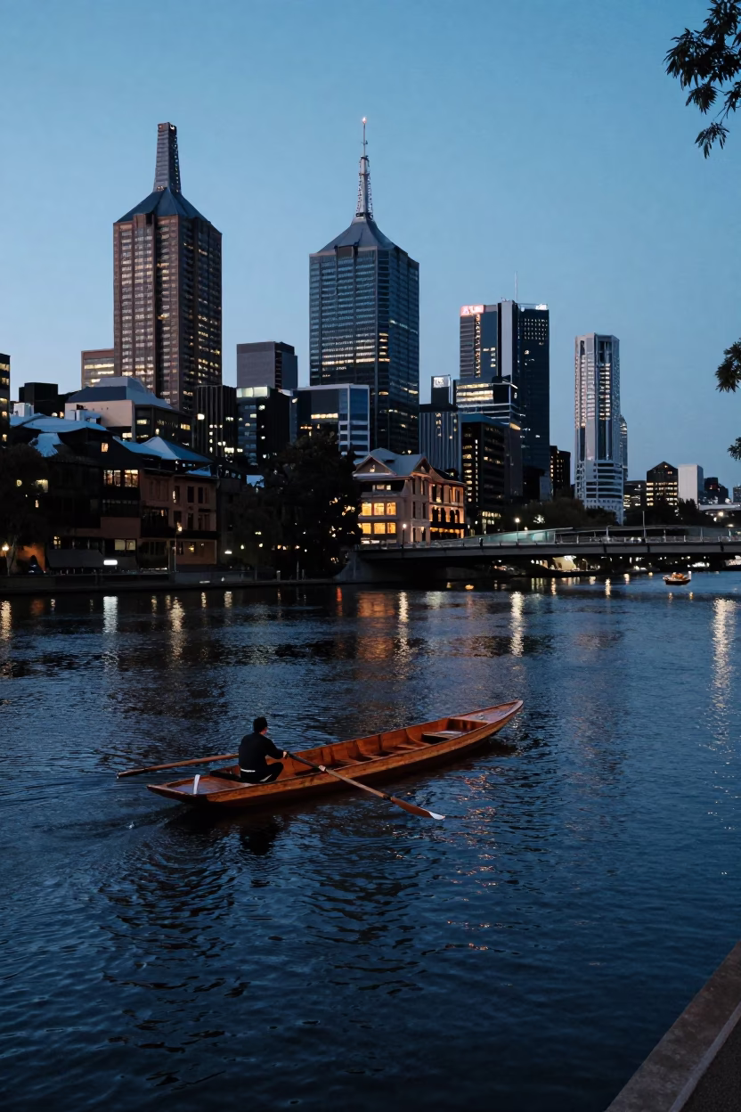 Twilight Street Scene in Melbourne Victoria Australia with Punt on Yarra River in in Melbourne, Victoria, Australia