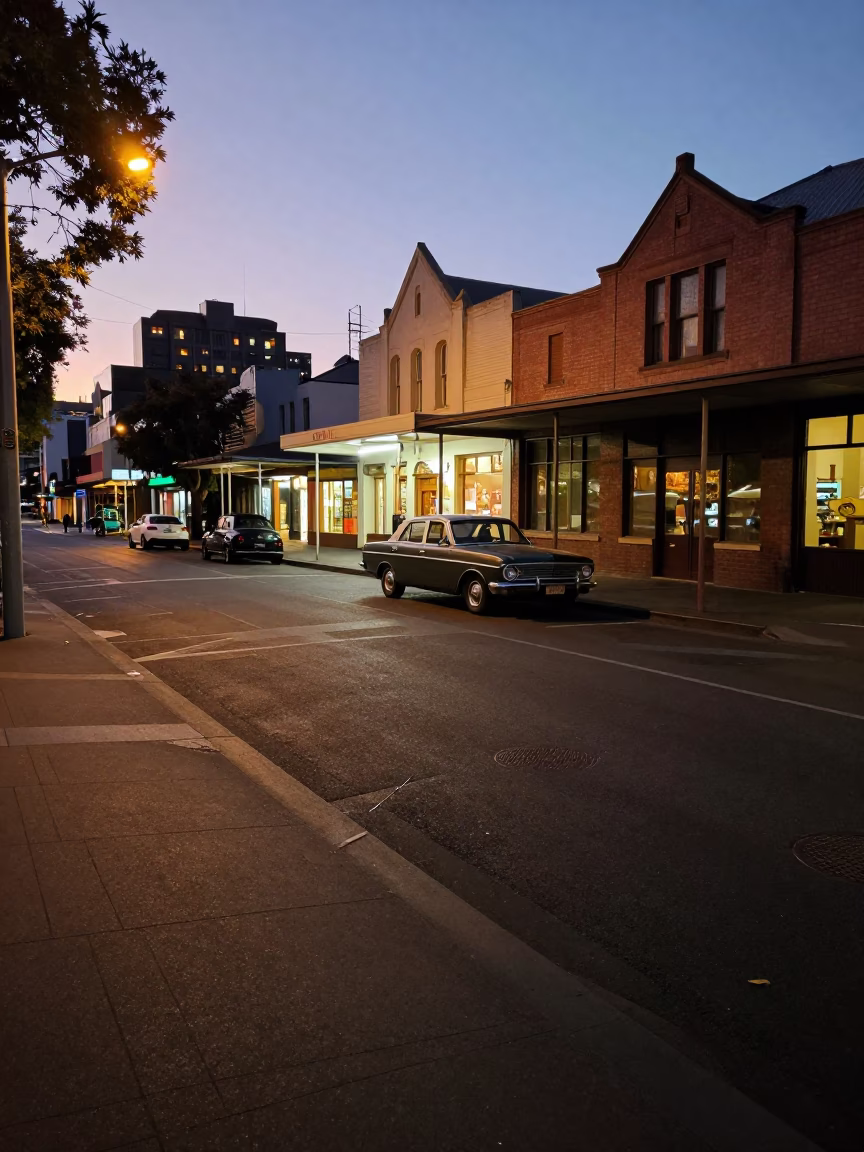 Twilight Street Scene in Melbourne Victoria Australia with Vintage Details in in Melbourne, Victoria, Australia