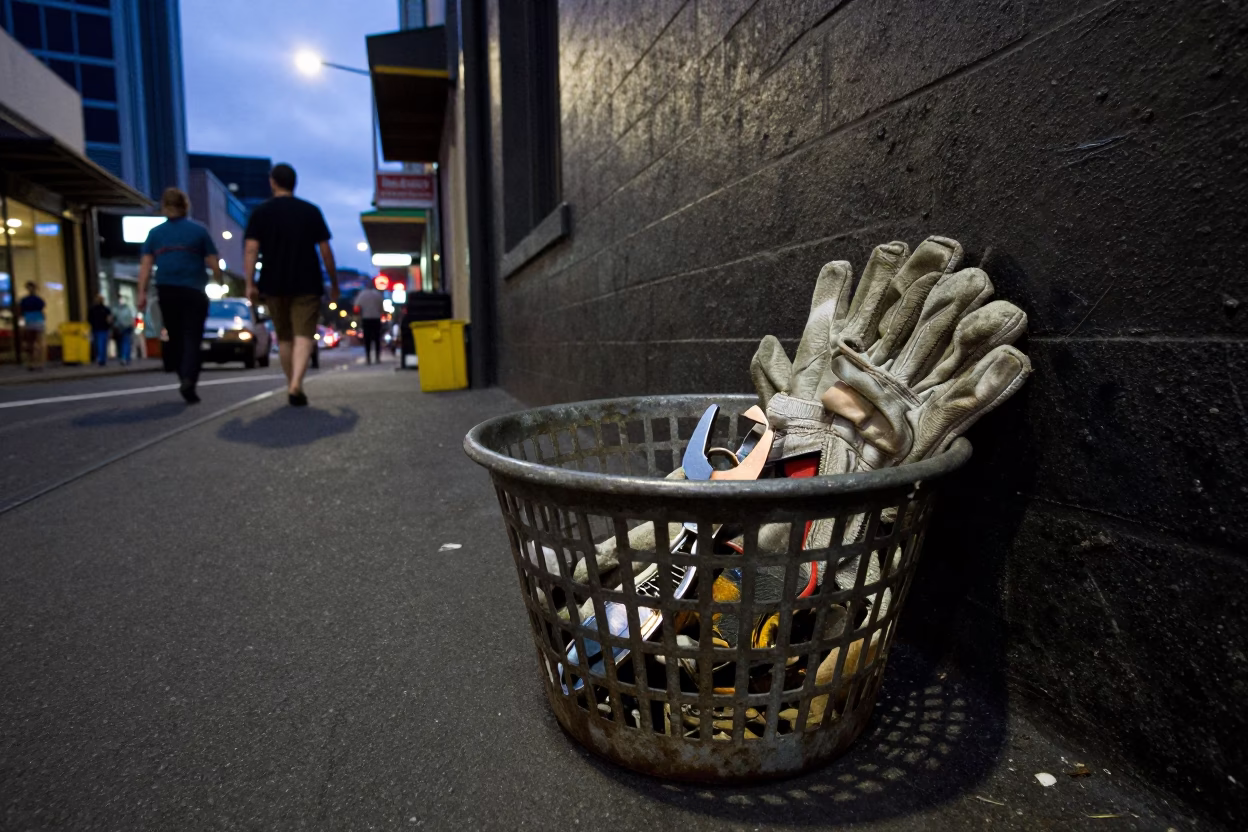 Twilight street scene in Melbourne Victoria with scrap basket and work gloves in in Melbourne, Victoria, Australia