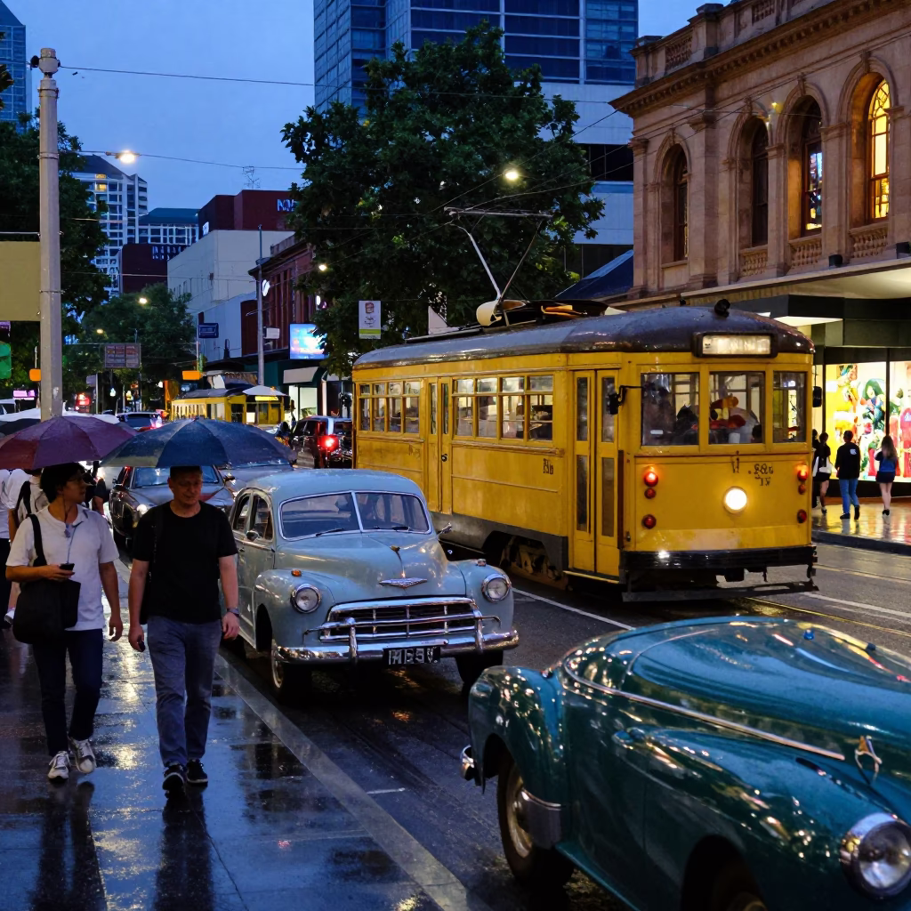 Twilight Street Scene in Melbourne Victoria with Tram and Vintage Cars in in Melbourne, Victoria, Australia