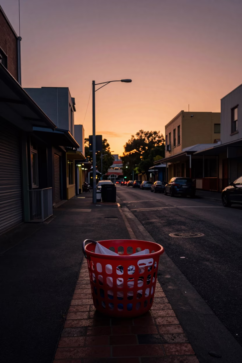Twilight Street Scene in Melbourne with Laundry Basket and Urban Details in in Melbourne, Victoria, Australia