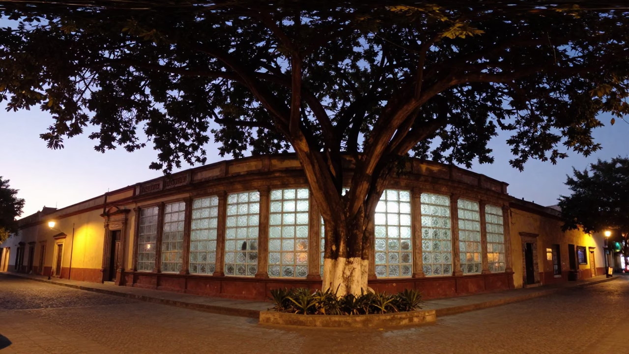 Twilight Street Scene in Merida Mexico With Banyan Tree and Glass Tile Architecture in in Merida, Mexico
