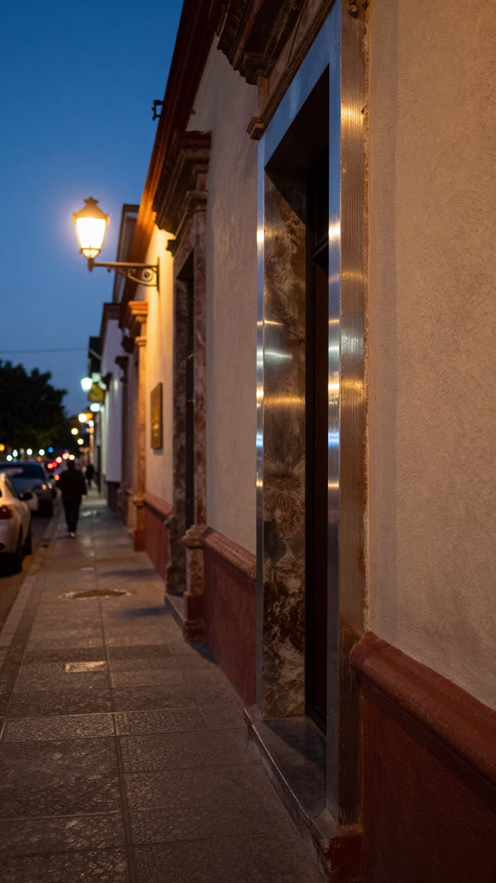 Twilight Street Scene in Merida Mexico with Brushed Steel Doorframe and Kites in in Merida, Mexico
