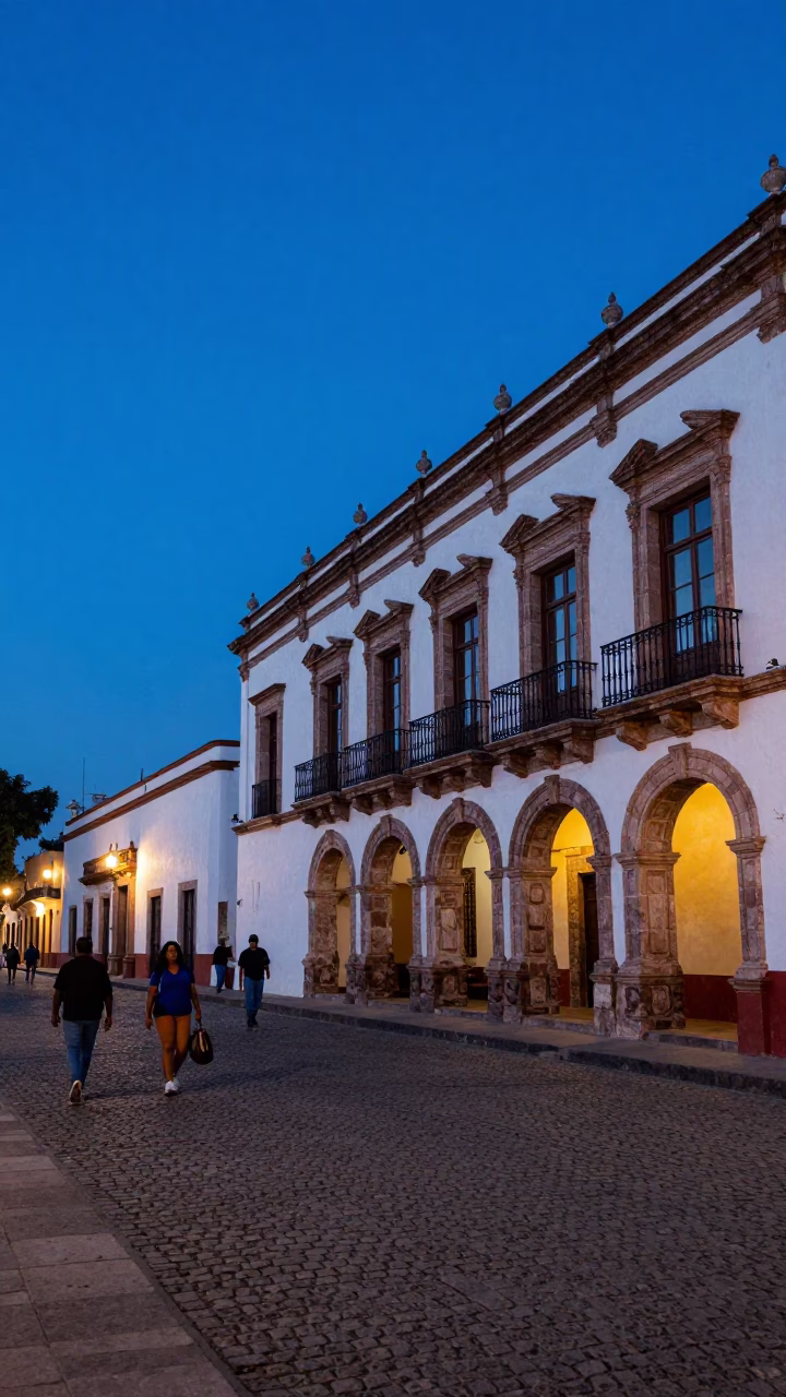 Twilight street scene in Merida Mexico with colonial architecture and evening activity in in Merida, Mexico