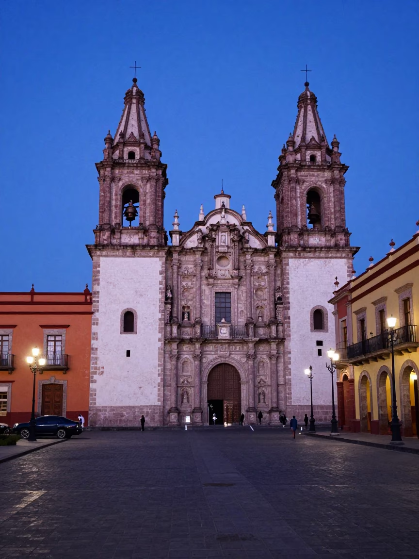 Twilight street scene in Merida Mexico with colorful colonial architecture and local market activity in in Merida, Mexico