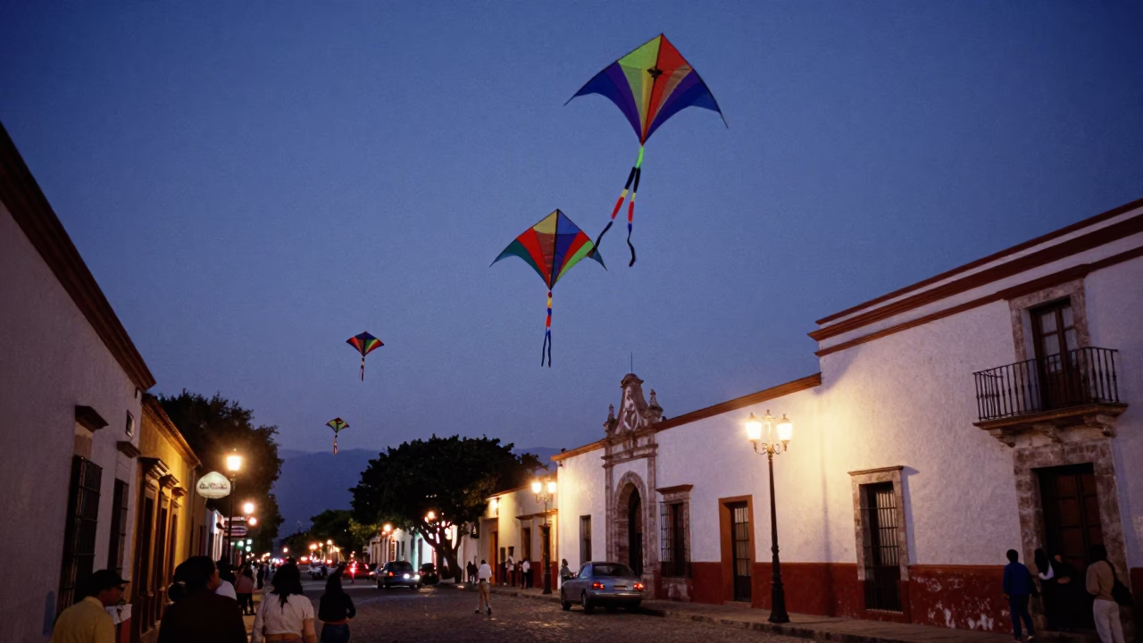 Twilight Street Scene in Merida Mexico with Colorful Kites and Colonial Architecture in in Merida, Mexico