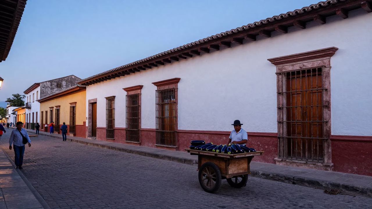 Twilight Street Scene in Merida Mexico with Eggplants and Traditional Architecture in in Merida, Mexico