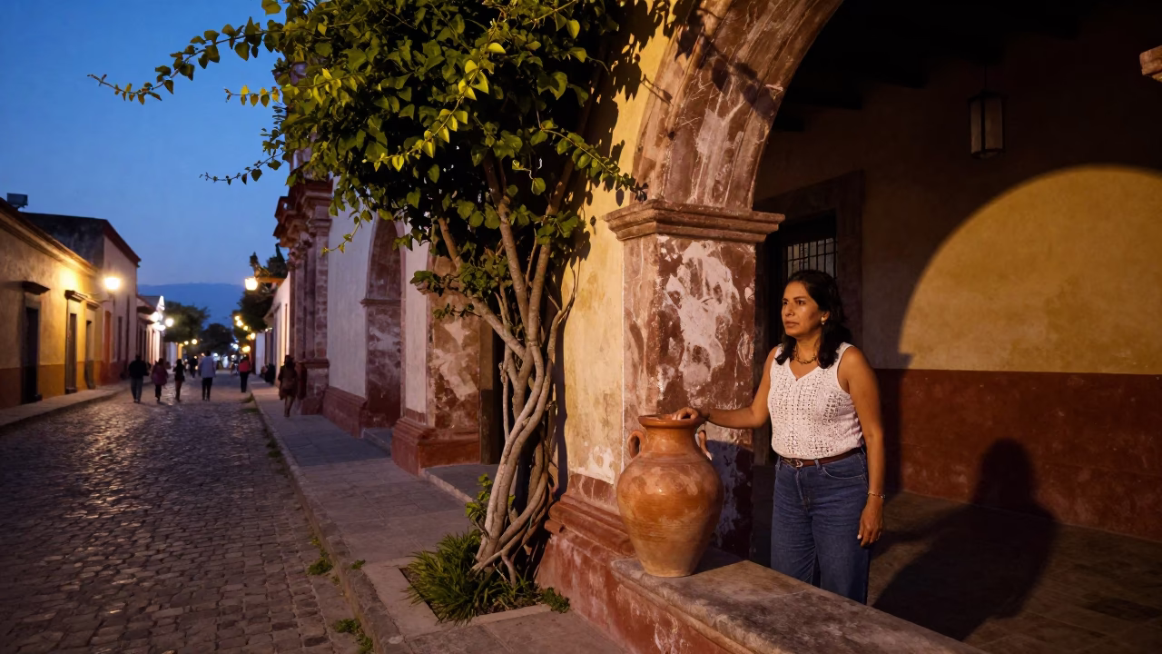 Twilight Street Scene in Merida Mexico with Fig Tree Vine and Jar Details in in Merida, Mexico