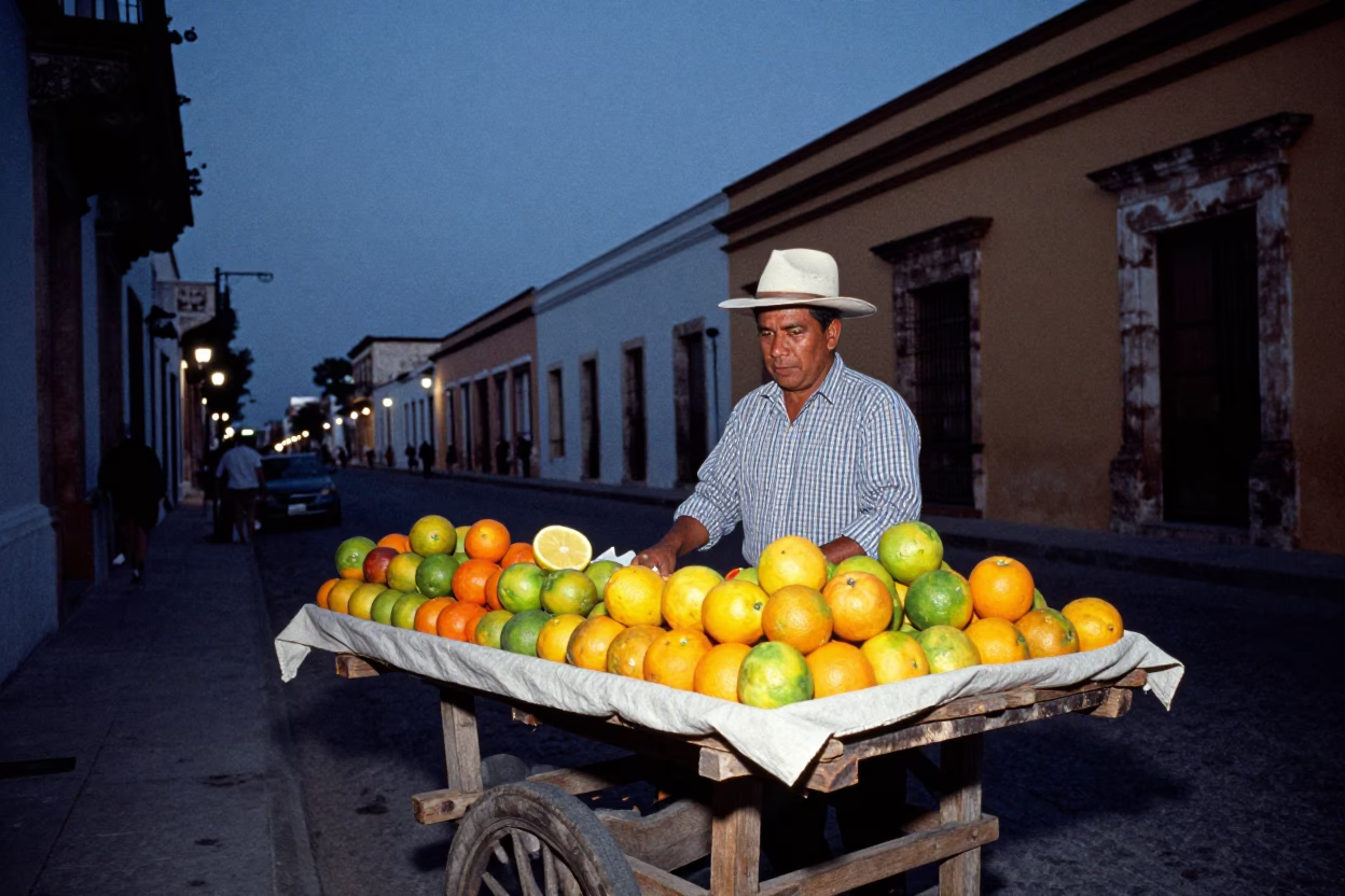 Twilight street scene in Merida Mexico with fruit vendor and colonial architecture in in Merida, Mexico