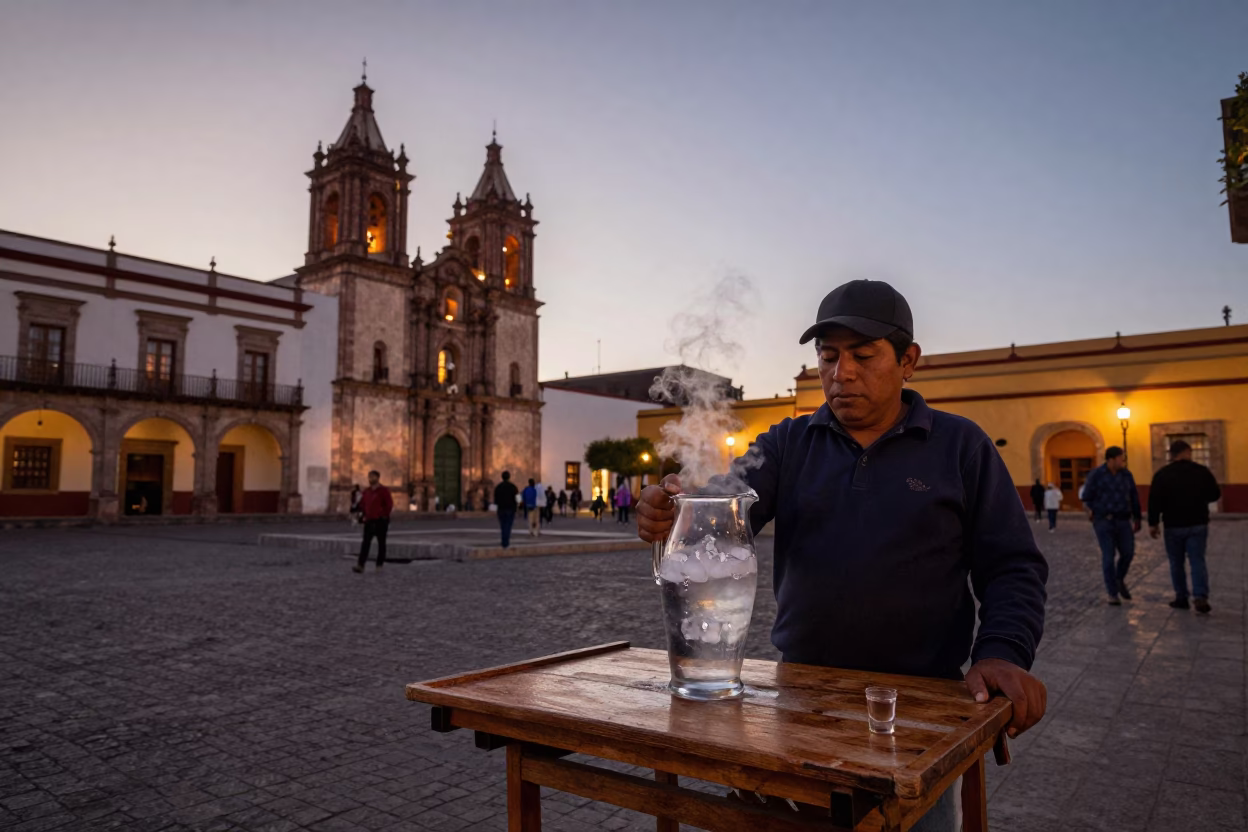 Twilight Street Scene in Merida Mexico with Glass Pitcher and Steaming Tea in in Merida, Mexico