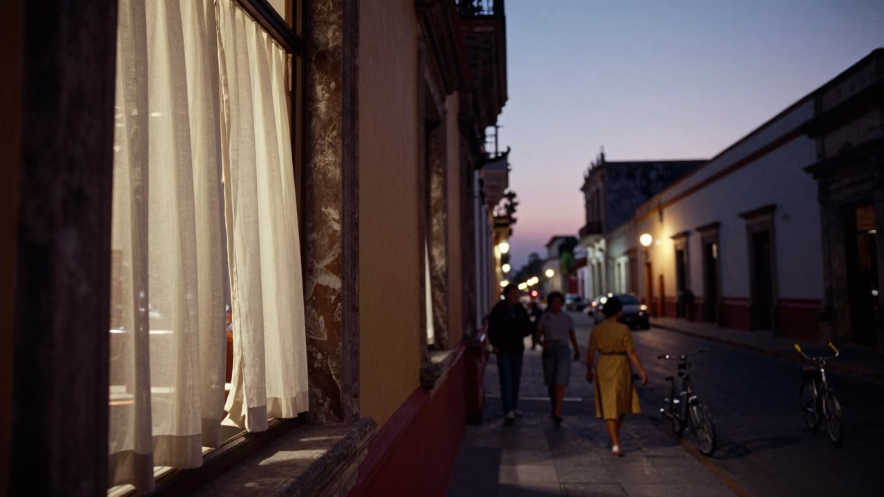 Twilight Street Scene in Merida Mexico with Linen Curtains and Urban Architecture in in Merida, Mexico