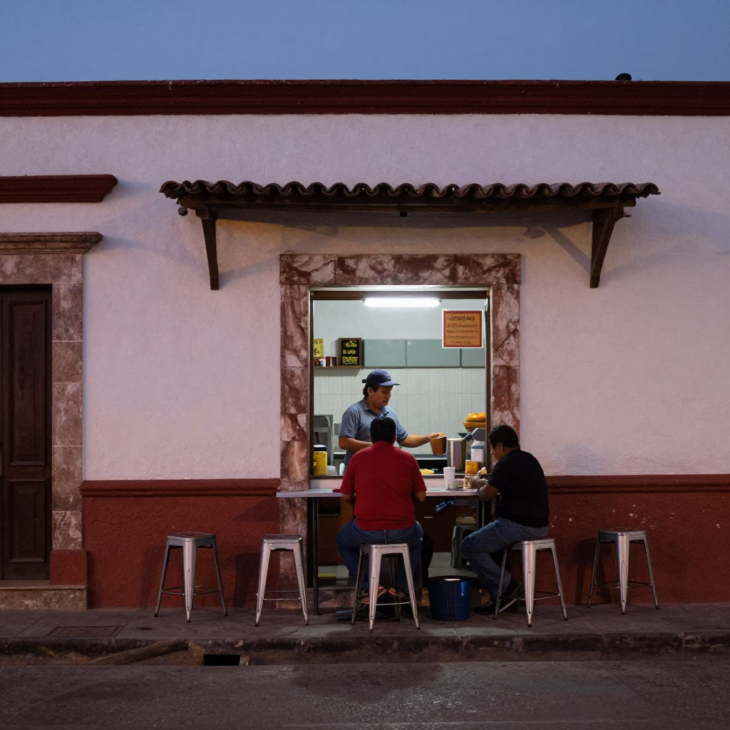Twilight Street Scene in Merida Mexico with Metal Stools and Local Interaction in in Merida, Mexico