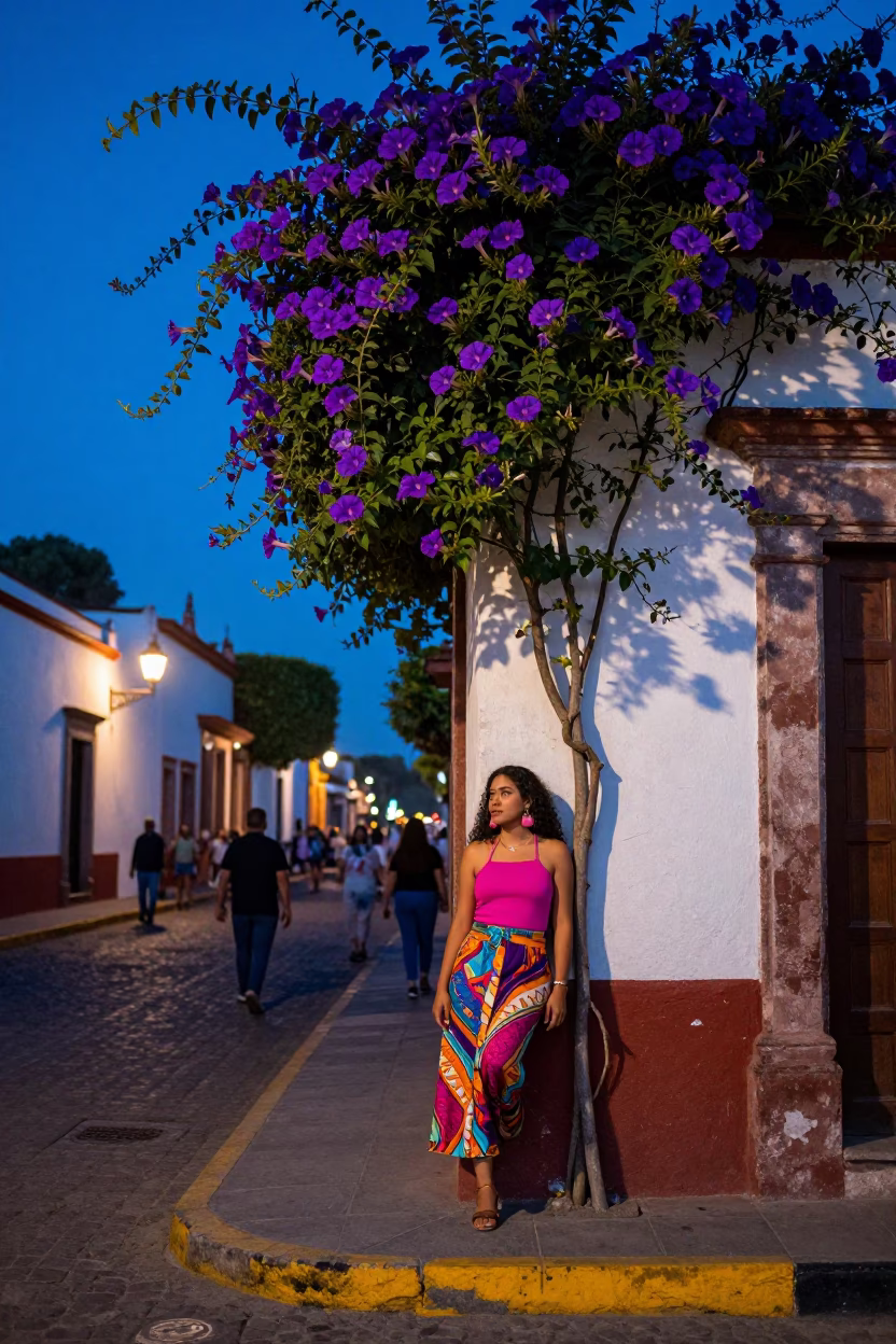Twilight Street Scene in Merida Mexico with Morning Glory Vine and Newspaper Stack in in Merida, Mexico