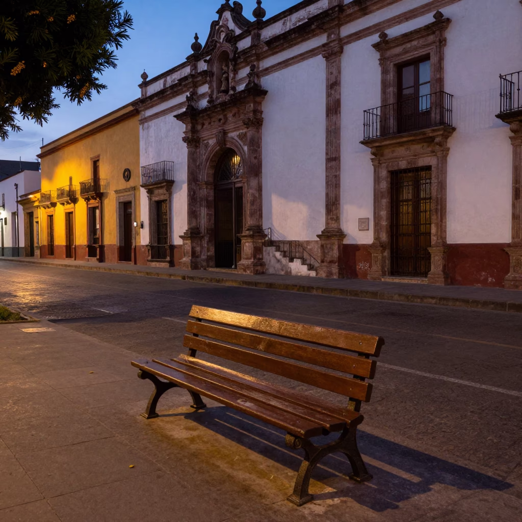 Twilight Street Scene in Merida Mexico with Park Bench and Stair Rail in in Merida, Mexico