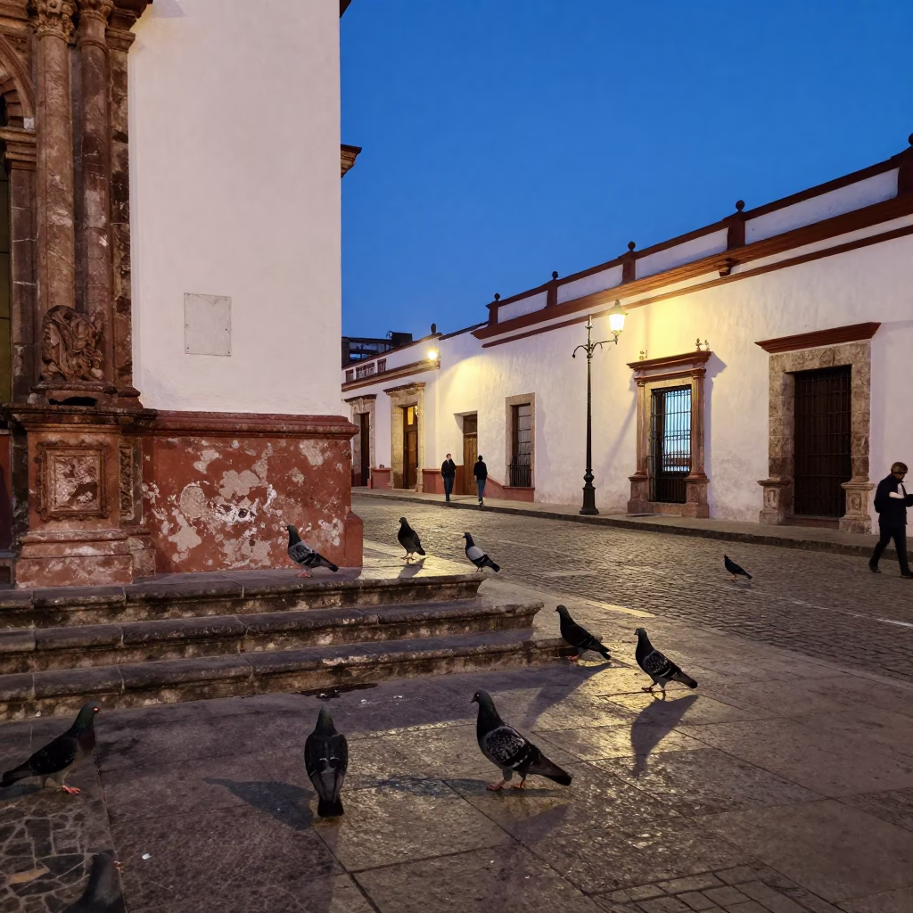 Twilight street scene in Merida Mexico with pigeons and colonial architecture in in Merida, Mexico