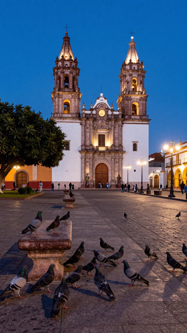 Twilight Street Scene in Merida Mexico with Pigeons and Local Architecture in in Merida, Mexico
