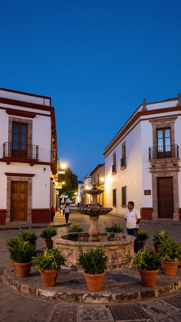 Twilight Street Scene in Merida Mexico with Potted Herbs and Local Life in in Merida, Mexico