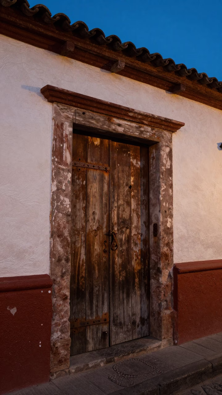 Twilight Street Scene in Merida Mexico with Rusty Hinge and Coiled Rope in in Merida, Mexico