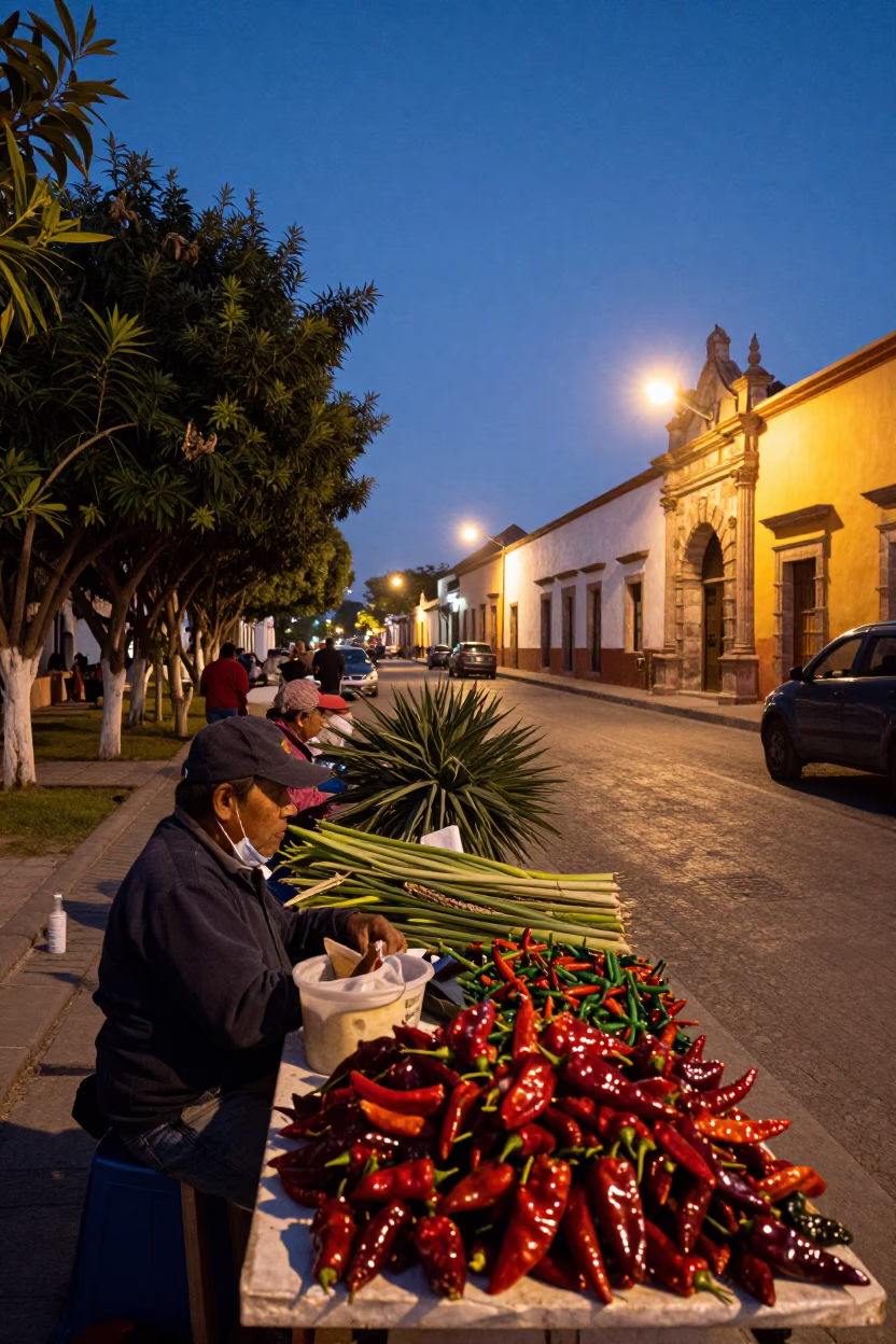 Twilight Street Scene in Merida Mexico with Sisal Plantation and Chili Peppers in in Merida, Mexico