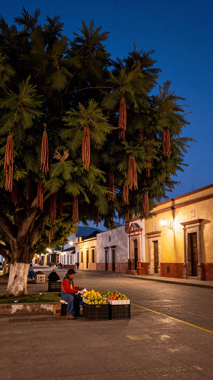 Twilight street scene in Merida Mexico with tamarind tree and local vendors in in Merida, Mexico
