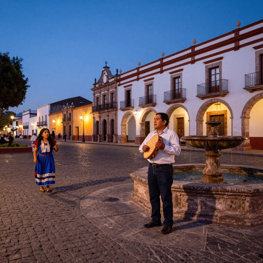Twilight Street Scene in Merida Mexico with Traditional Tambourine Player and Colonial Architecture in in Merida, Mexico