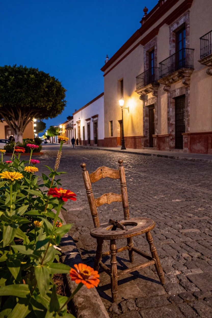 Twilight Street Scene in Merida Mexico with Zinnia Flowers and Spindle Chair in in Merida, Mexico