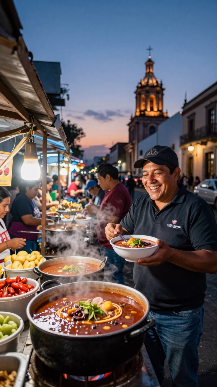 Twilight Street Scene in Mexico City Featuring Bowl of Pozole with Radish and Oregano in in Mexico City, Mexico
