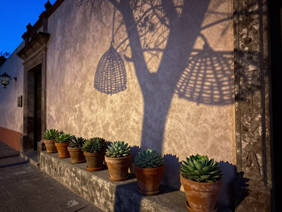 Twilight Street Scene in Mexico City Featuring Succulents and Wicker Shadows in in Mexico City, Mexico