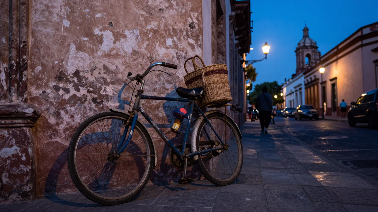 Twilight Street Scene in Mexico City Featuring Vintage Bicycle and Woven Baskets in in Mexico City, Mexico