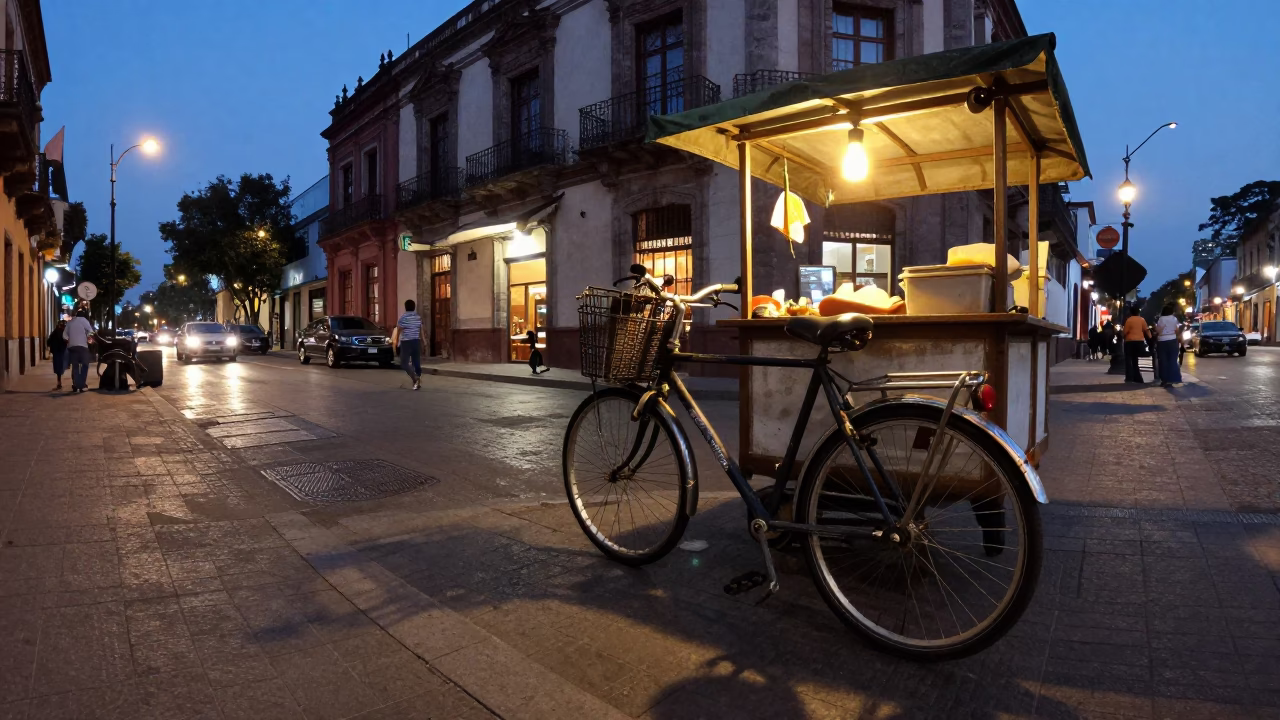 Twilight Street Scene in Mexico City With Bicycle Leaning Against Cafe and Tailor Shears in in Mexico City, Mexico