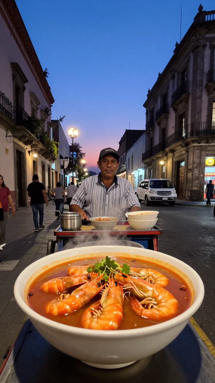 Twilight Street Scene in Mexico City with Bowl of Tom Yum Goong in in Mexico City, Mexico