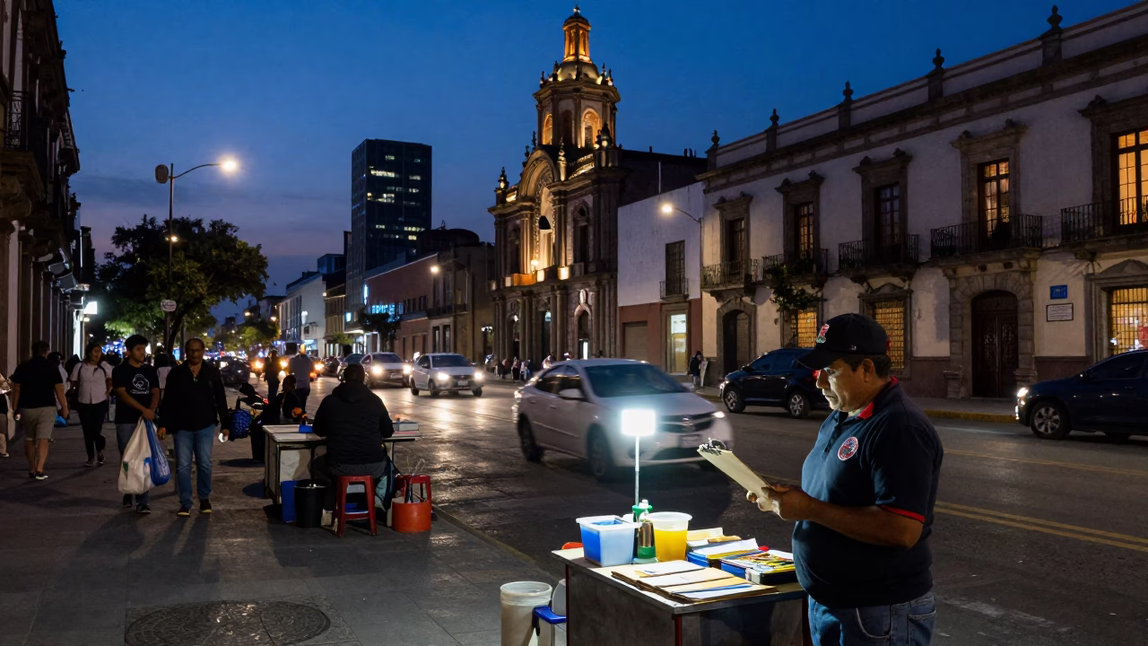 Twilight Street Scene in Mexico City With Clipboard and Urban Details in in Mexico City, Mexico