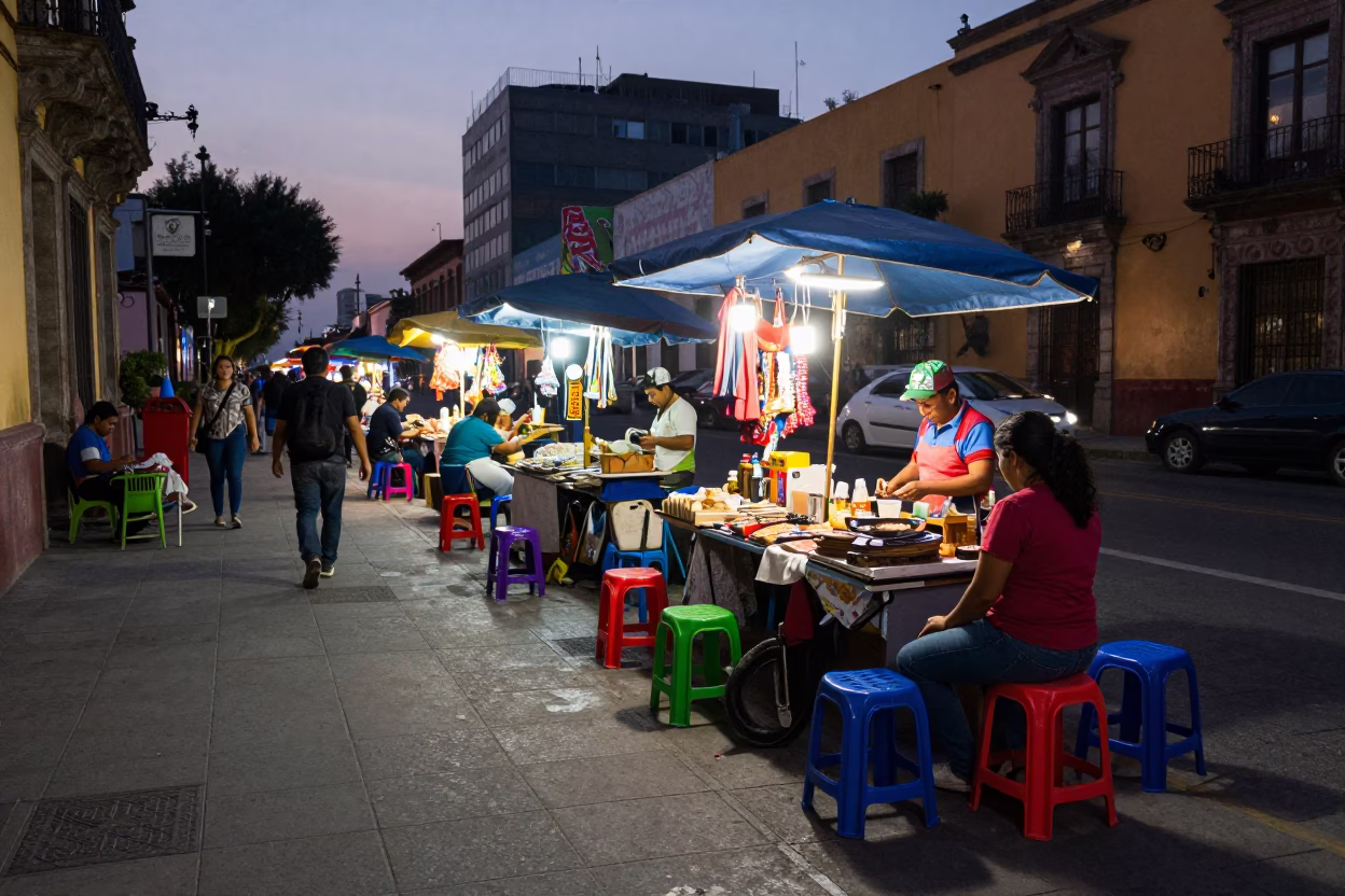 Twilight Street Scene in Mexico City with Colorful Stalls and Urban Activity in in Mexico City, Mexico