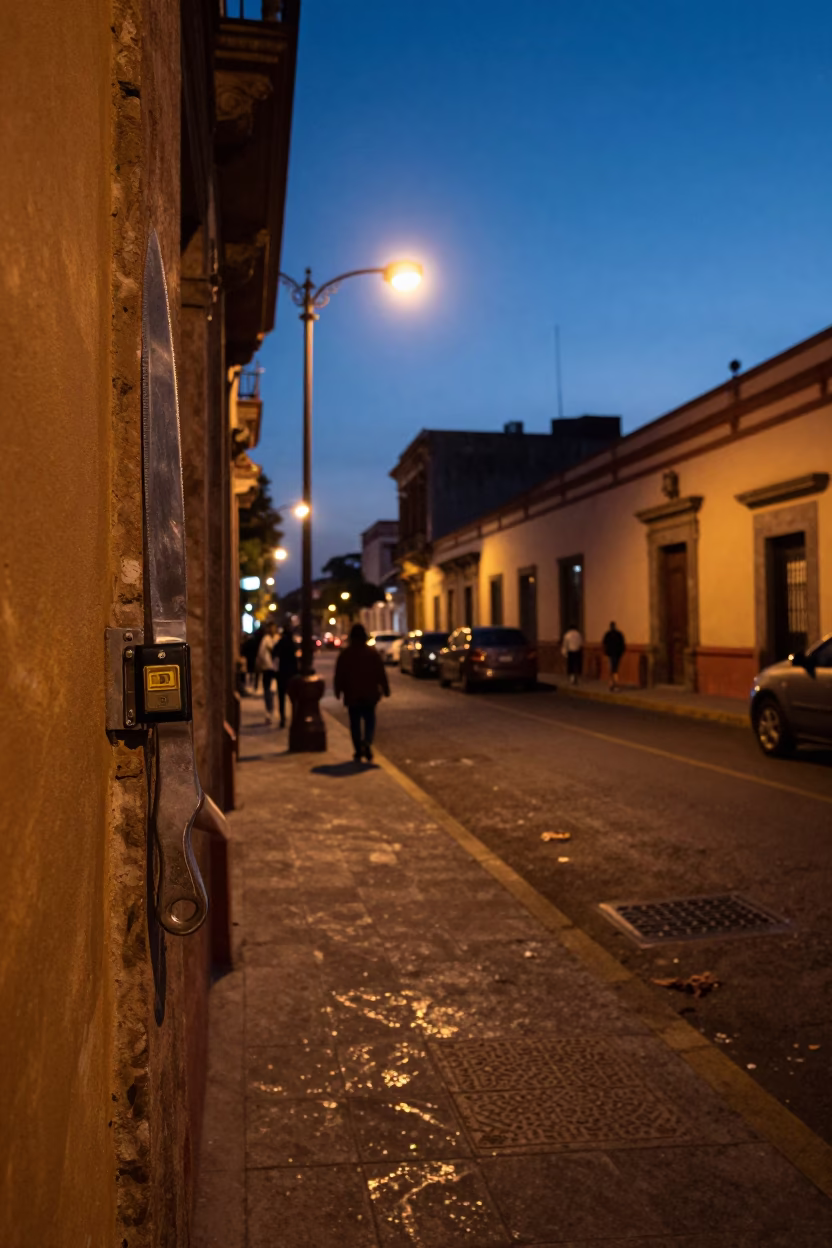 Twilight street scene in Mexico City with deadbolt and cake knife details in in Mexico City, Mexico
