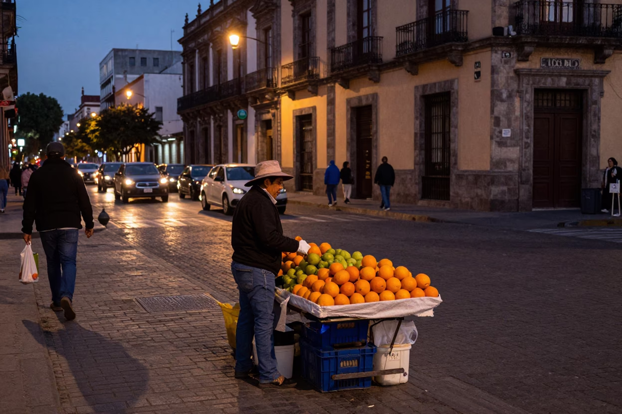 Twilight Street Scene in Mexico City with Fruit Vendor and Urban Details in in Mexico City, Mexico
