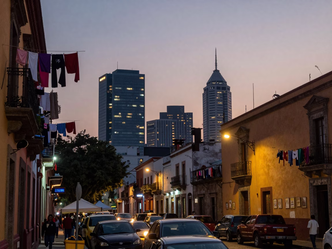 Twilight street scene in Mexico City with hanging laundry and distant skyscrapers in in Mexico City, Mexico