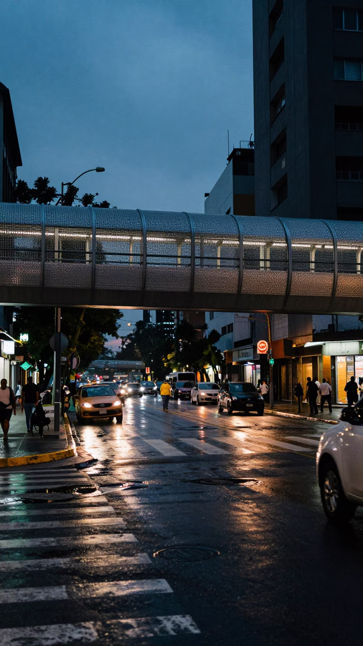 Twilight Street Scene in Mexico City with Pedestrian Overpass and Wet Footsteps in in Mexico City, Mexico