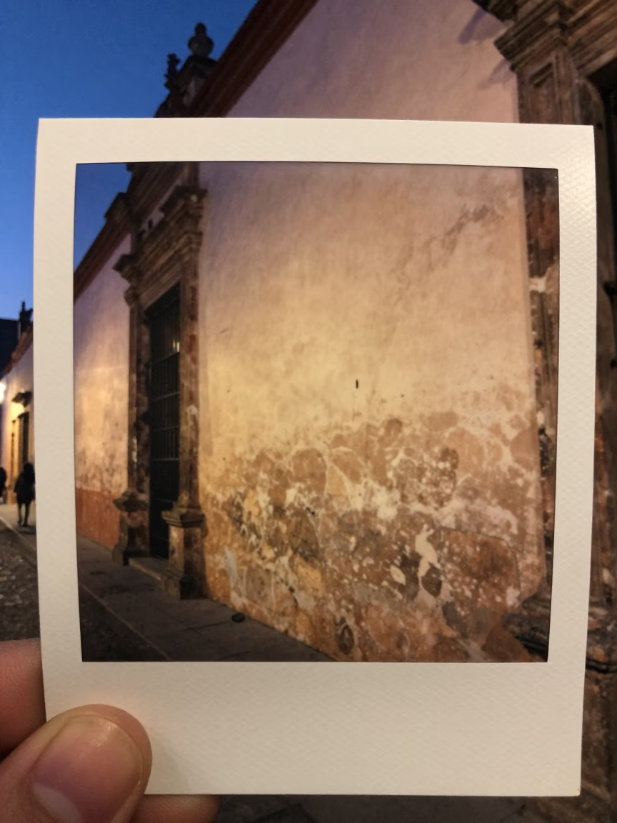 Twilight Street Scene in Mexico City with Smudged Plaster Walls and Wicker Basket in in Mexico City, Mexico