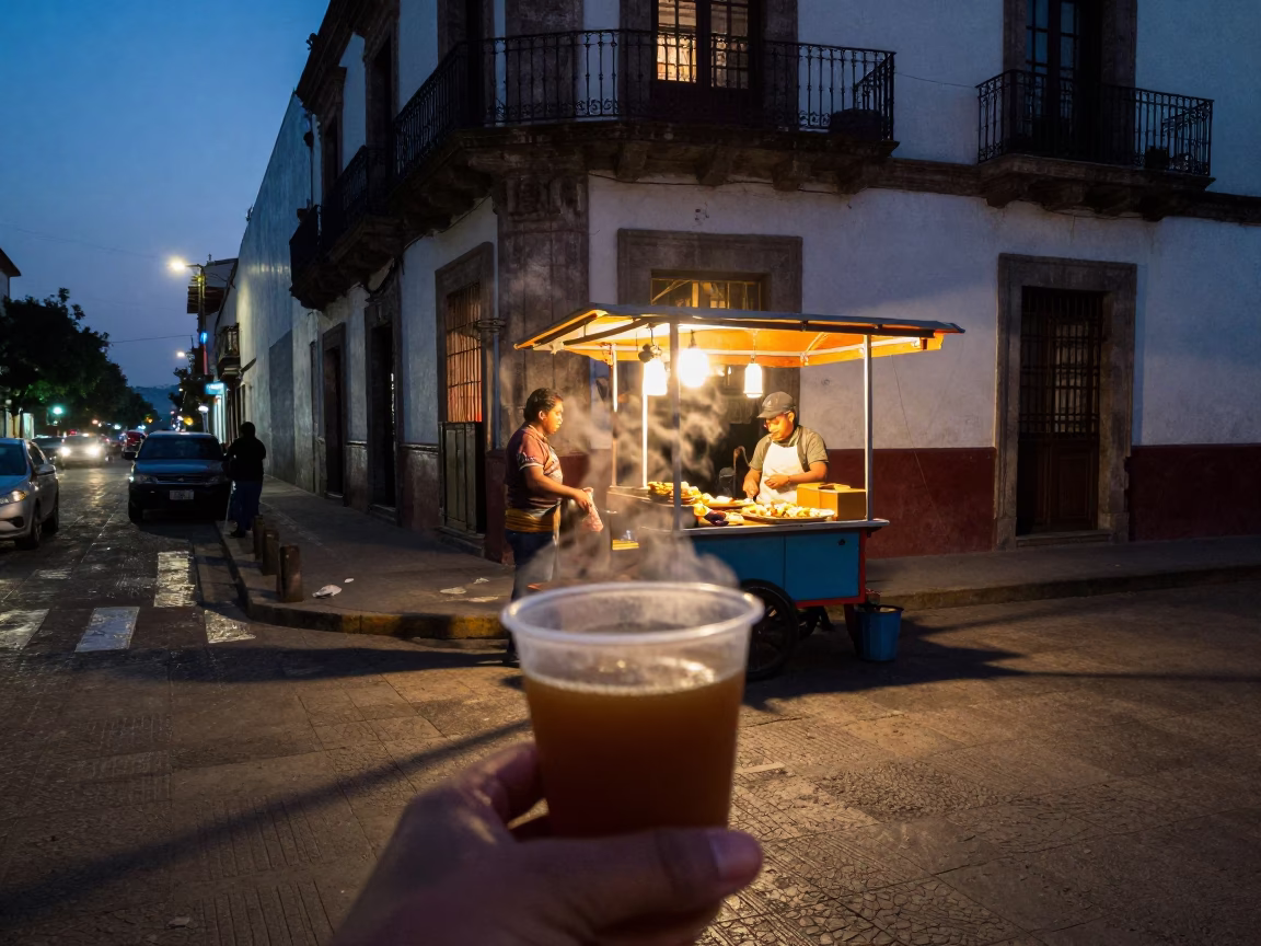 Twilight Street Scene in Mexico City With Steaming Genmaicha Tea and Urban Life in in Mexico City, Mexico