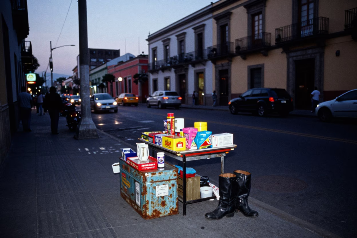 Twilight Street Scene in Mexico City with Tin Box and Boot Scraper in in Mexico City, Mexico