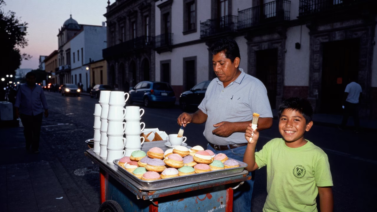 Twilight Street Scene in Mexico City with Vendor Selling Pastries and Teacups in in Mexico City, Mexico