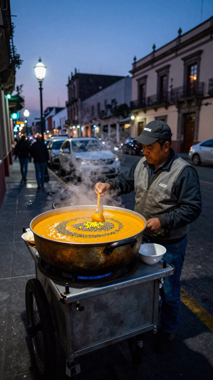 Twilight Street Scene in Mexico City With Vendor Selling Pumpkin Soup and Pepitas in in Mexico City, Mexico
