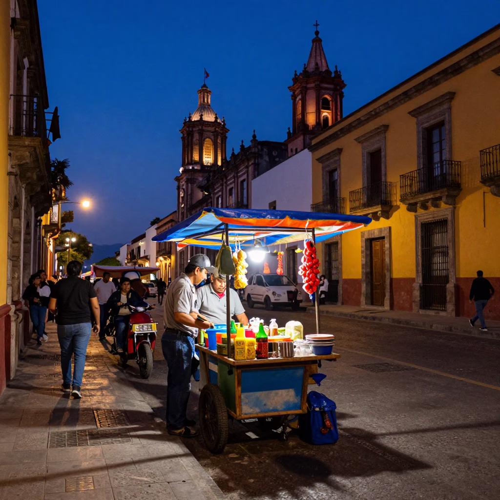Twilight Street Scene in Mexico City with Vibrant Colors and Local Life in in Mexico City, Mexico
