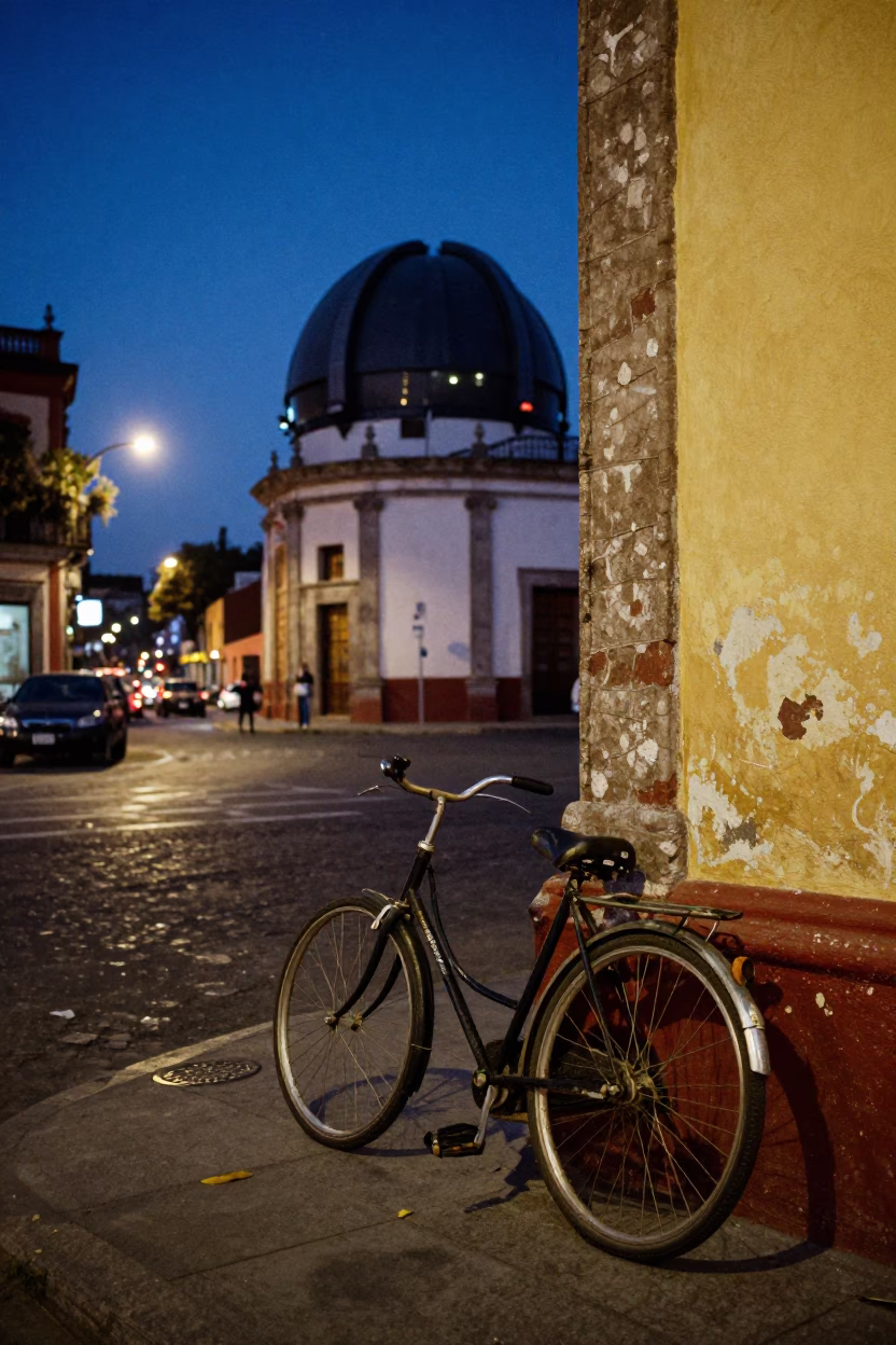 Twilight Street Scene in Mexico City with Vintage Bicycle and Observatory Silhouette in in Mexico City, Mexico