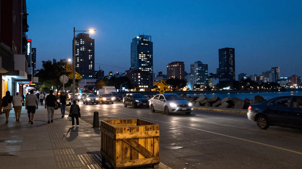 Twilight Street Scene in Mexico City with Wooden Crate and Busy Urban Life in in Mexico City, Mexico