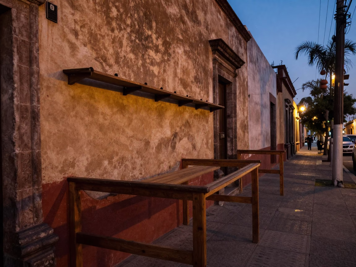 Twilight Street Scene in Mexico City With Wooden Peg Rails and Crate in in Mexico City, Mexico