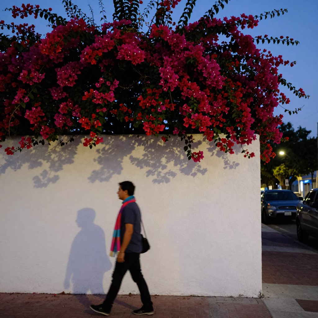 Twilight Street Scene in Miami Florida With Bougainvillea Cascade and Scarf in in Miami, Florida, United States