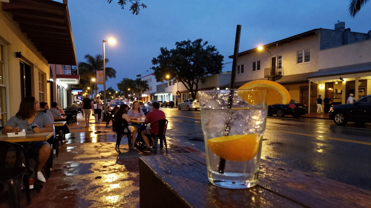 Twilight Street Scene in Miami Florida with Mezcal Glass and Orange Slice in in Miami, Florida, United States